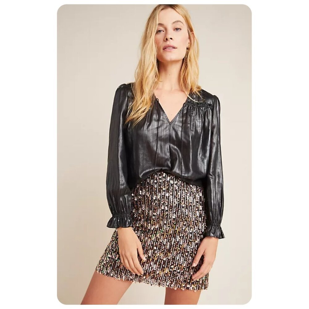 ! Anthropologie Current Air Metallic Shimmery Black Briston Long Sleeve Blouse